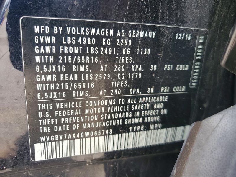 2016 Volkswagen Tiguan მანქანა იყიდება აუქციონზე, vin: WVGBV7AX4GW065743, აუქციონის ნომერი: 54708116