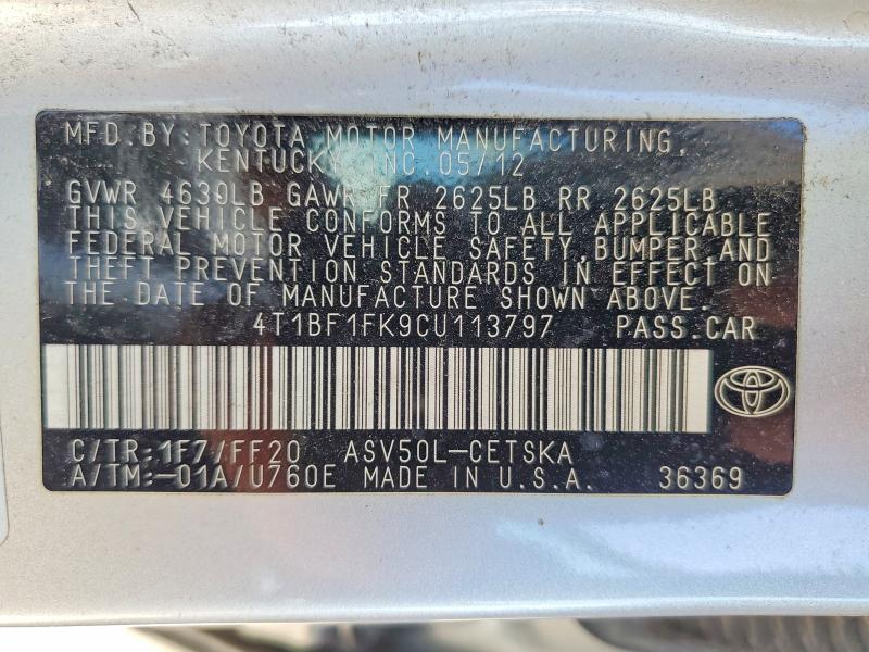 2012 Toyota Camry მანქანა იყიდება აუქციონზე, vin: 4T1BF1FK9CU113797, აუქციონის ნომერი: 53839456