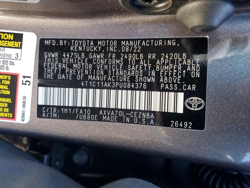 Aukcja sprzedaży 2023 Toyota Camry, vin: 4T1C11AK3PU084376, numer aukcji: 54172446