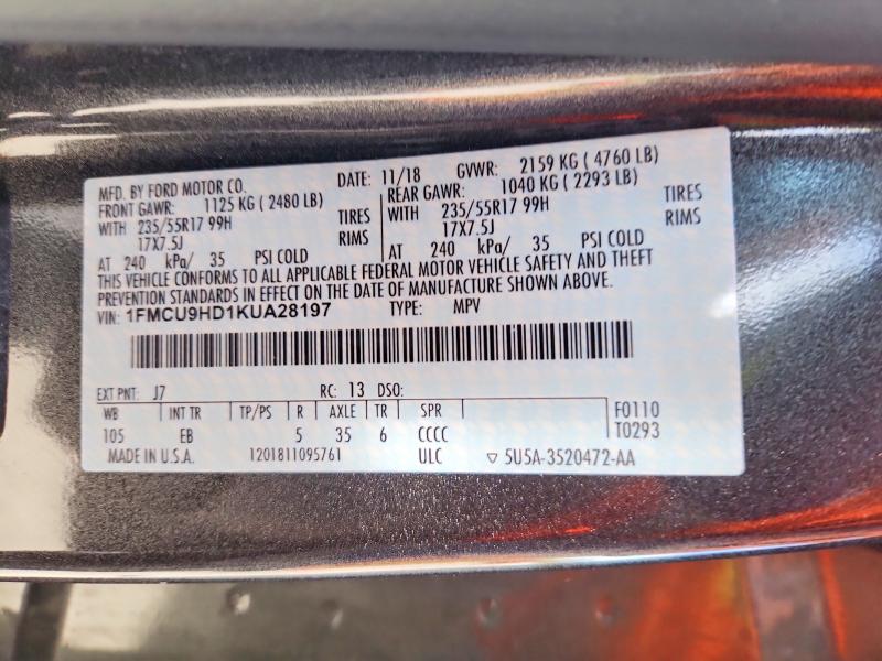 2019 Ford Escape მანქანა იყიდება აუქციონზე, vin: 1FMCU9HD1KUA28197, აუქციონის ნომერი: 54622286
