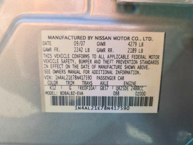 2008 Nissan Altima მანქანა იყიდება აუქციონზე, vin: 1N4AL21E78N417590, აუქციონის ნომერი: 53657776