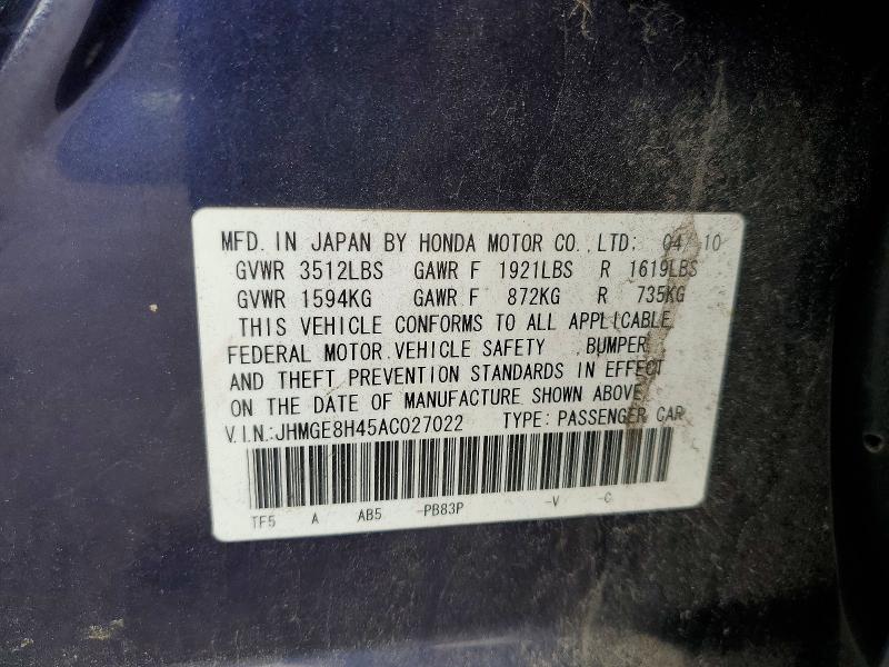 2010 Honda Fit მანქანა იყიდება აუქციონზე, vin: JHMGE8H45AC027022, აუქციონის ნომერი: 52289556