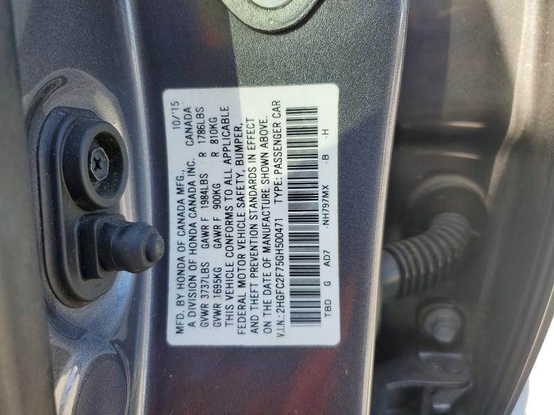 Продаж на аукціоні авто 2016 Honda Civic, vin: 2HGFC2F75GH500471, номер лоту: 51185396