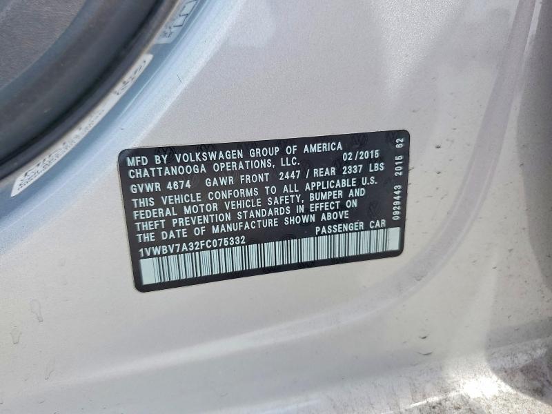 52375906 :رقم المزاد ، 1VWBV7A32FC075332 vin ، 2015 Volkswagen Passat مزاد بيع