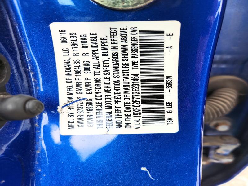 54156666 :رقم المزاد ، 19XFC2F77GE231464 vin ، 2016 Honda Civic مزاد بيع