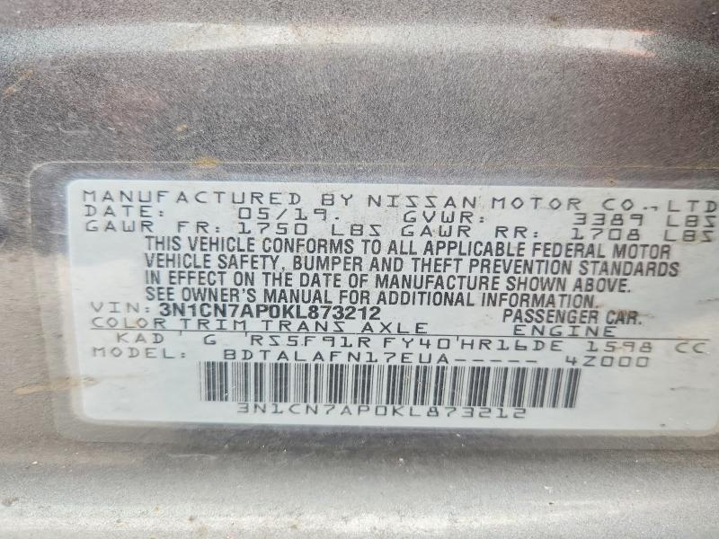 Продаж на аукціоні авто 2019 Nissan Versa, vin: 3N1CN7AP0KL873212, номер лоту: 54331896
