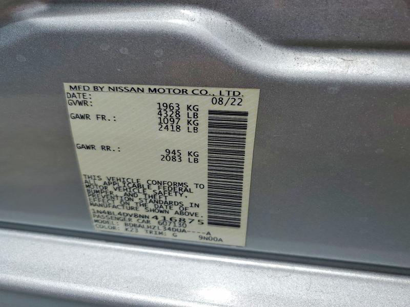 2022 Nissan Altima მანქანა იყიდება აუქციონზე, vin: 1N4BL4DV8NN416875, აუქციონის ნომერი: 54537166