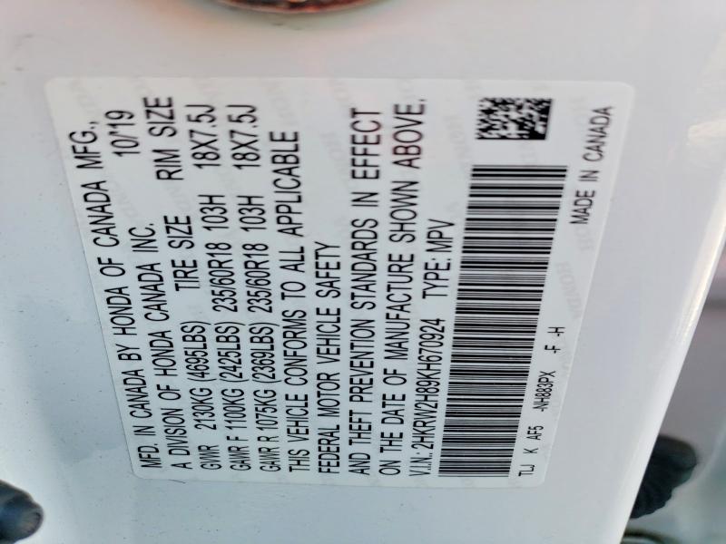 54081546 :رقم المزاد ، 2HKRW2H89KH670924 vin ، 2019 Honda Cr-v مزاد بيع