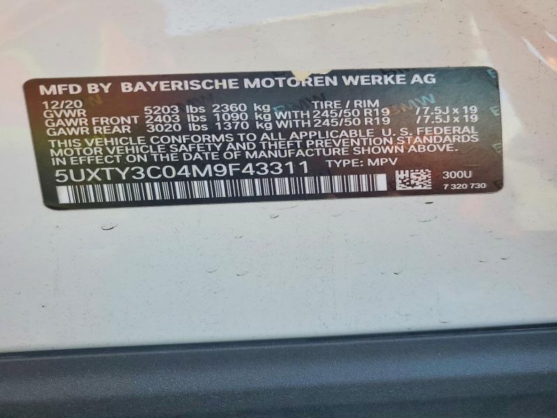 2021 Bmw X3 მანქანა იყიდება აუქციონზე, vin: 5UXTY3C04M9F43311, აუქციონის ნომერი: 52100976