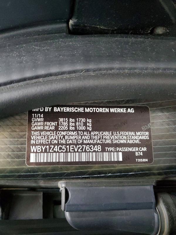 Aukcja sprzedaży 2014 Bmw I3, vin: WBY1Z4C51EV276348, numer aukcji: 53374996