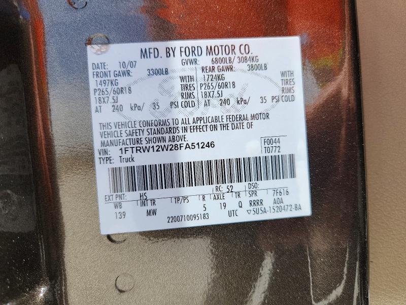 Aukcja sprzedaży 2008 Ford F150, vin: 1FTRW12W28FA51246, numer aukcji: 52812786