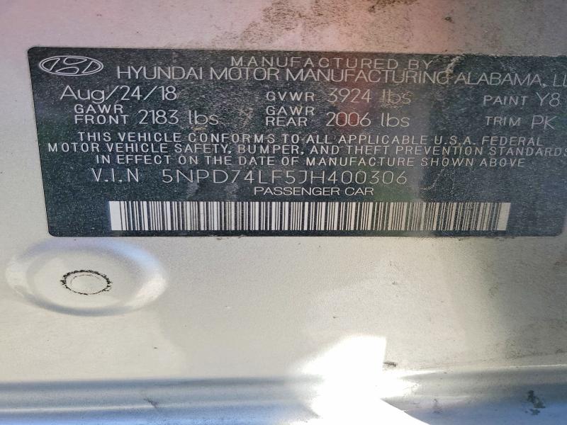 54179036 :رقم المزاد ، 5NPD74LF5JH400306 vin ، 2018 Hyundai Elantra مزاد بيع