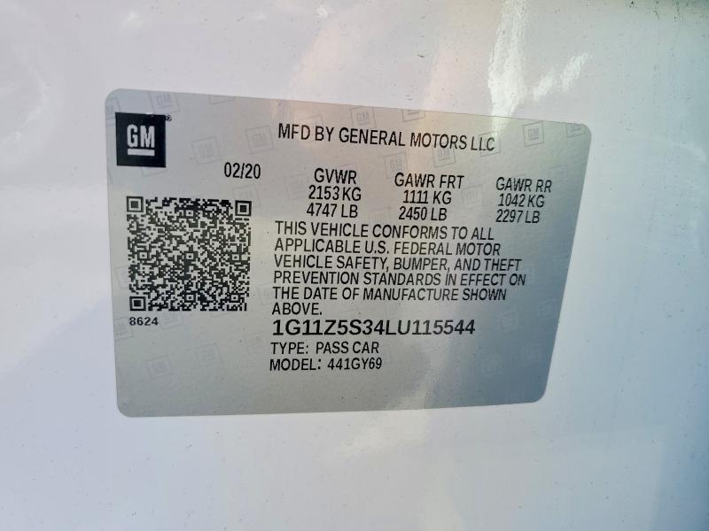53965256 :رقم المزاد ، 1G11Z5S34LU115544 vin ، 2020 Chevrolet Impala مزاد بيع