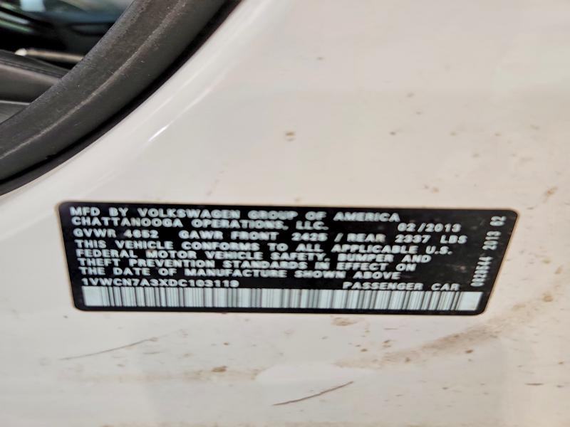 Продажа на аукционе авто 2013 Volkswagen Passat, vin: 1VWCN7A3XDC103119, номер лота: 54705046
