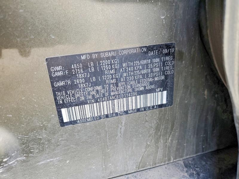 2020 Subaru Outback მანქანა იყიდება აუქციონზე, vin: 4S4BTANC6L3114396, აუქციონის ნომერი: 54116576