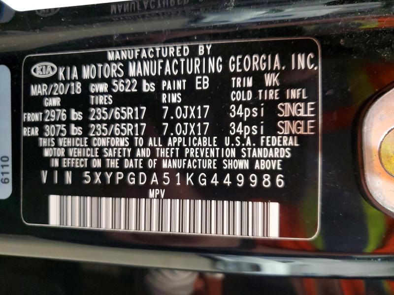 52254876 :رقم المزاد ، 5XYPGDA51KG449986 vin ، 2019 Kia Sorento مزاد بيع