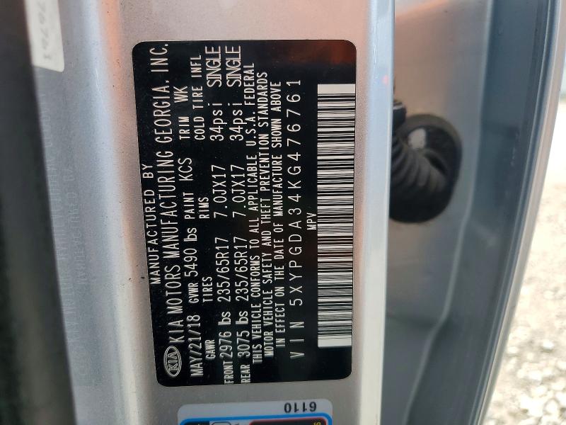 53432536 :رقم المزاد ، 5XYPGDA34KG476761 vin ، 2019 Kia Sorento مزاد بيع