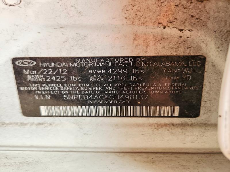 52263166 :رقم المزاد ، 5NPEB4AC5CH498137 vin ، 2012 Hyundai Sonata مزاد بيع