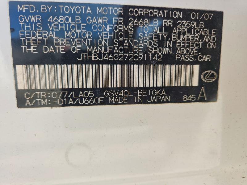 52520096 :رقم المزاد ، JTHBJ46G272091142 vin ، 2007 Lexus Es مزاد بيع