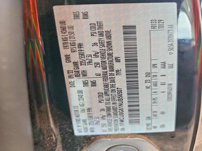 2022 Ford Escape მანქანა იყიდება აუქციონზე, vin: 1FMCU0G61NUB56507, აუქციონის ნომერი: 55519086
