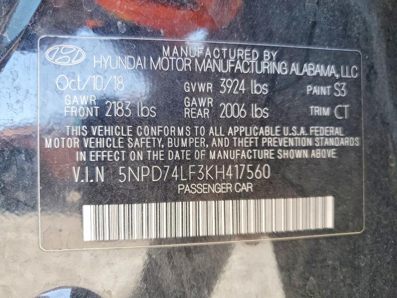 2019 Hyundai Elantra მანქანა იყიდება აუქციონზე, vin: 5NPD74LF3KH417560, აუქციონის ნომერი: 47978146
