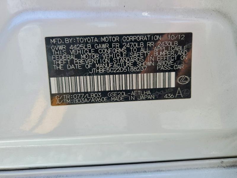 55402796 :رقم المزاد ، JTHBF5C22D5188237 vin ، 2013 Lexus Is مزاد بيع