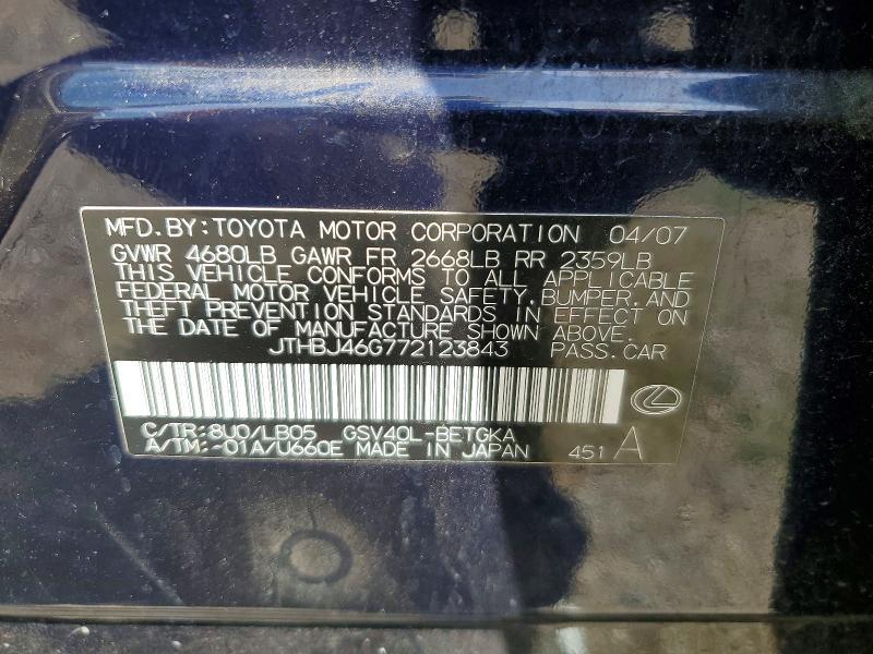 Продажа на аукционе авто 2007 Lexus Es, vin: JTHBJ46G772123843, номер лота: 53470506