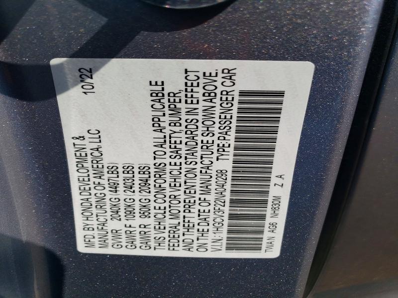 53577076 :رقم المزاد ، 1HGCV3F22NA040298 vin ، 2022 Honda Accord مزاد بيع