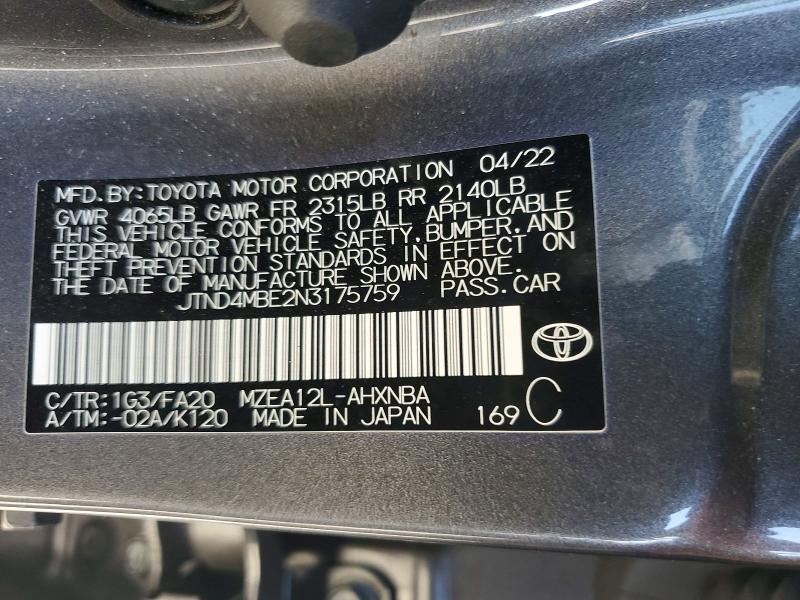 Aukcja sprzedaży 2022 Toyota Corolla Hatchback, vin: JTND4MBE2N3175759, numer aukcji: 52341936