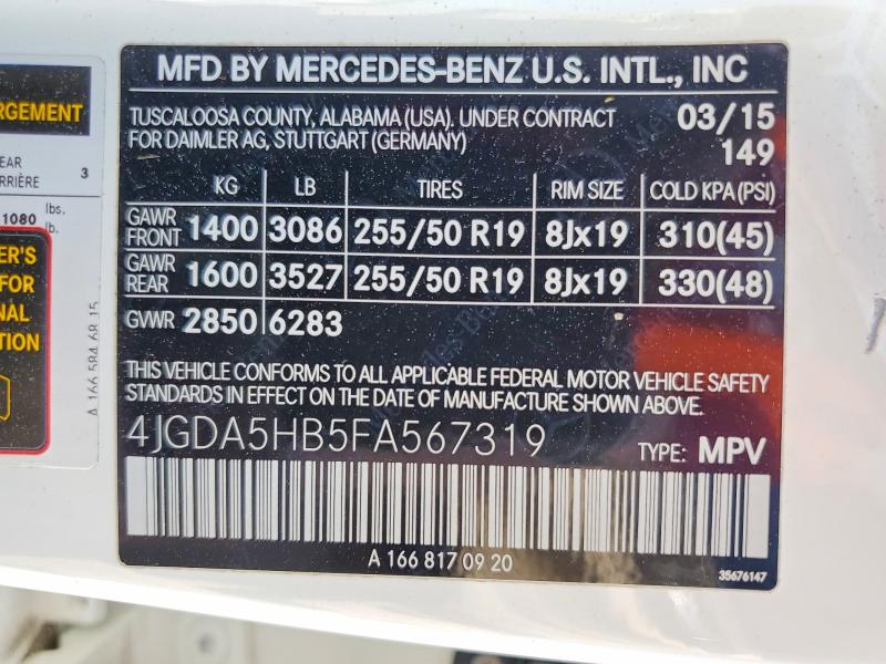 2015 Mercedes-benz Ml მანქანა იყიდება აუქციონზე, vin: 4JGDA5HB5FA567319, აუქციონის ნომერი: 54323276
