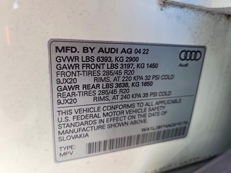 54343226 :رقم المزاد ، WA1LJBF74ND015170 vin ، 2022 Audi Q7 مزاد بيع