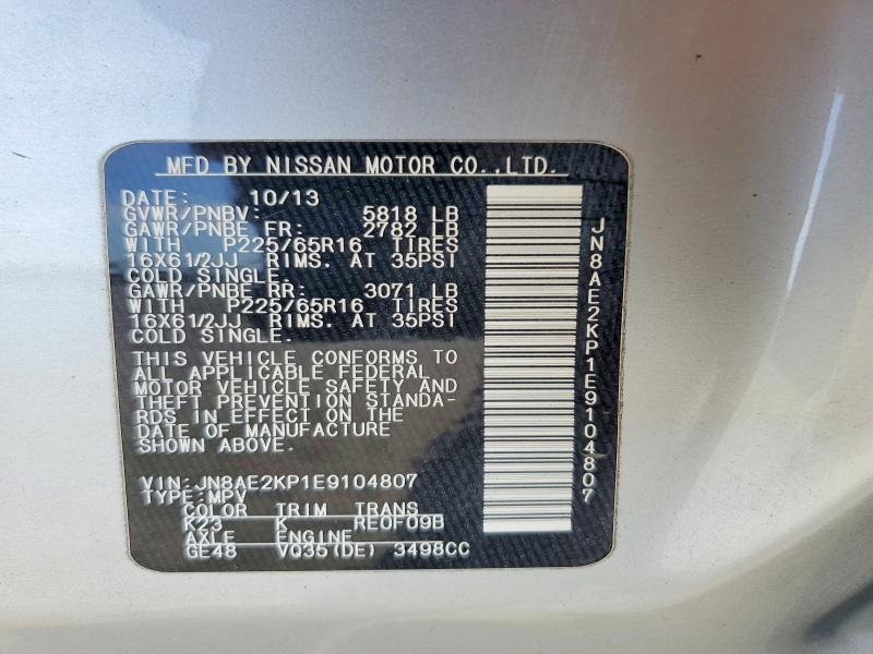 Aukcja sprzedaży 2014 Nissan Quest, vin: JN8AE2KP1E9104807, numer aukcji: 54066016