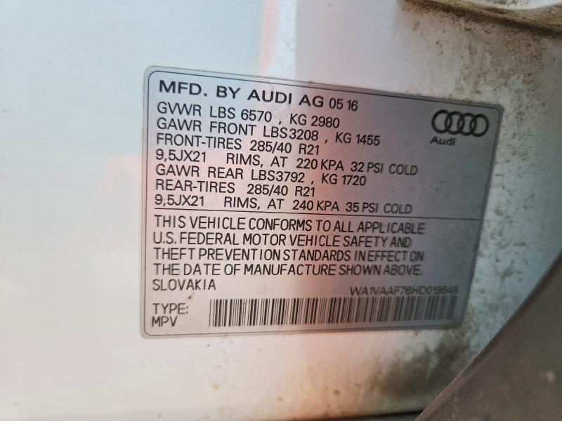 Продажа на аукционе авто 2017 Audi Q7, vin: WA1VAAF76HD019549, номер лота: 52466636