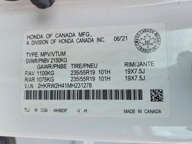 Продаж на аукціоні авто 2021 Honda Cr-v, vin: 2HKRW2H41MH231278, номер лоту: 51511966