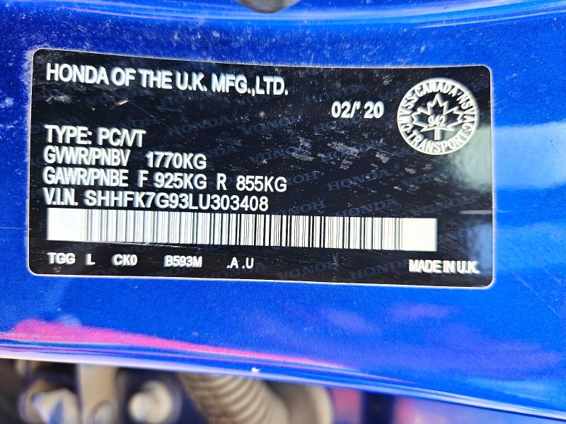 Продажа на аукционе авто 2020 Honda Civic, vin: SHHFK7G93LU303408, номер лота: 54640416
