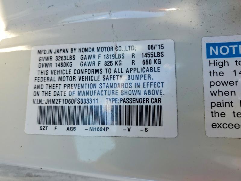 2015 Honda Cr-z მანქანა იყიდება აუქციონზე, vin: JHMZF1D60FS003311, აუქციონის ნომერი: 51822856