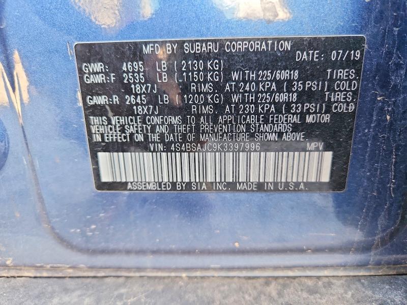 51884856 :رقم المزاد ، 4S4BSAJC9K3397996 vin ، 2019 Subaru Outback مزاد بيع