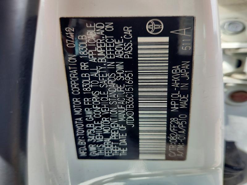 53978066 :رقم المزاد ، JTDKDTB36C1516951 vin ، 2012 Toyota Prius C مزاد بيع