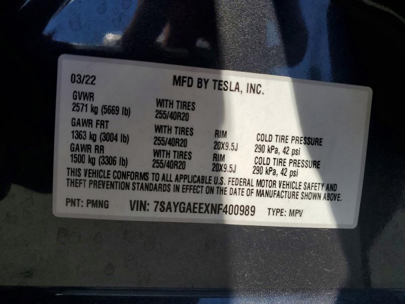 Aukcja sprzedaży 2022 Tesla Model Y, vin: 7SAYGAEEXNF400989, numer aukcji: 54470776