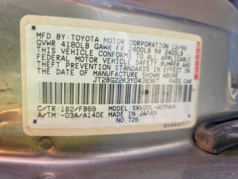 54489716 :رقم المزاد ، JT2BG22K3Y0438367 vin ، 2000 Toyota Camry مزاد بيع