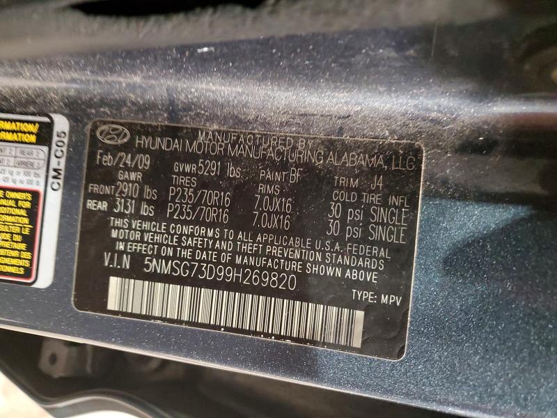 54242696 :رقم المزاد ، 5NMSG73D99H269820 vin ، 2009 Hyundai Santa Fe مزاد بيع