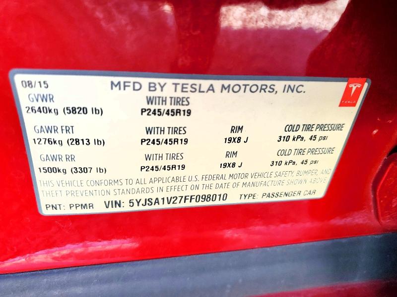 Aukcja sprzedaży 2015 Tesla Model S, vin: 5YJSA1V27FF098010, numer aukcji: 54121216