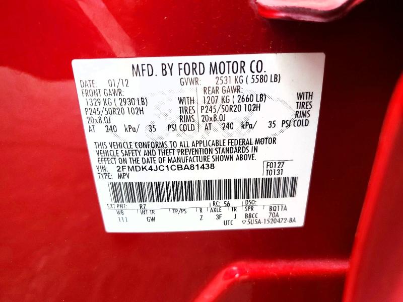Aukcja sprzedaży 2012 Ford Edge, vin: 2FMDK4JC1CBA81438, numer aukcji: 55028046