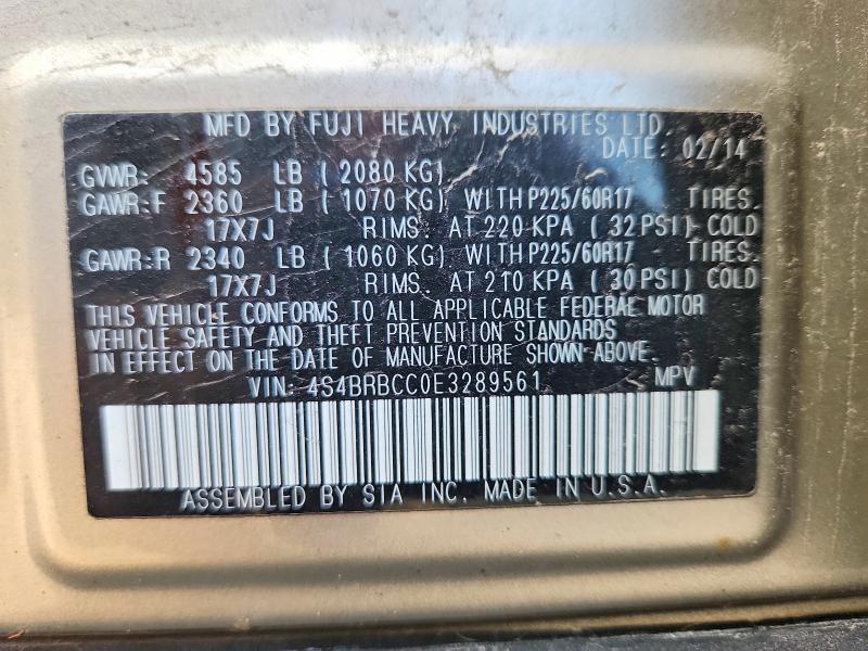 2014 Subaru Outback მანქანა იყიდება აუქციონზე, vin: 4S4BRBCC0E3289561, აუქციონის ნომერი: 51719536