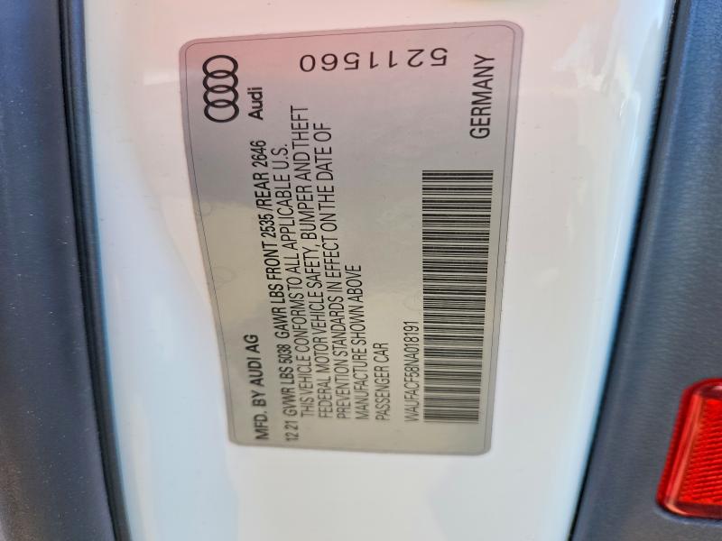 2022 Audi A5 მანქანა იყიდება აუქციონზე, vin: WAUFACF58NA018191, აუქციონის ნომერი: 52139056