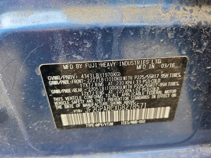 2016 Subaru Crosstrek მანქანა იყიდება აუქციონზე, vin: JF2GPABCXG8278571, აუქციონის ნომერი: 54161126