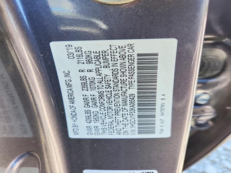 Продаж на аукціоні авто 2019 Honda Accord, vin: 1HGCV1F53KA065429, номер лоту: 52908406