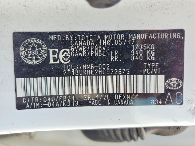 Продаж на аукціоні авто 2017 Toyota Corolla, vin: 2T1BURHE2HC922675, номер лоту: 55046396