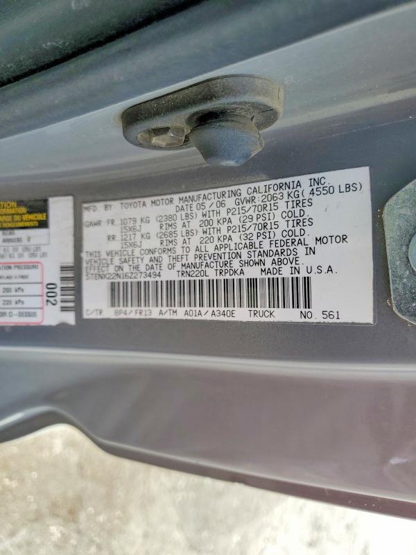 Auction sale of the 2006 Toyota Tacoma, vin: 5TENX22N16Z273494, lot number: 53295106