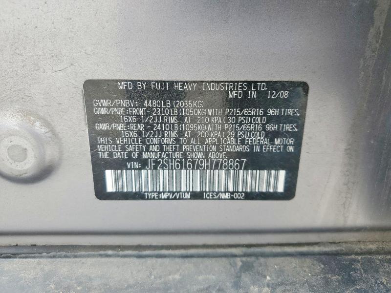 50680276 :رقم المزاد ، JF2SH61679H778867 vin ، 2009 Subaru Forester مزاد بيع